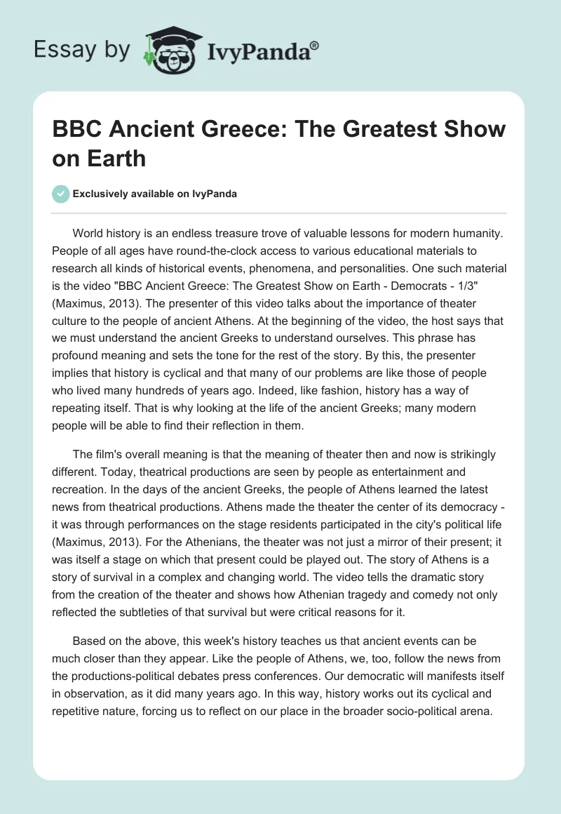 BBC Ancient Greece: The Greatest Show on Earth. Page 1