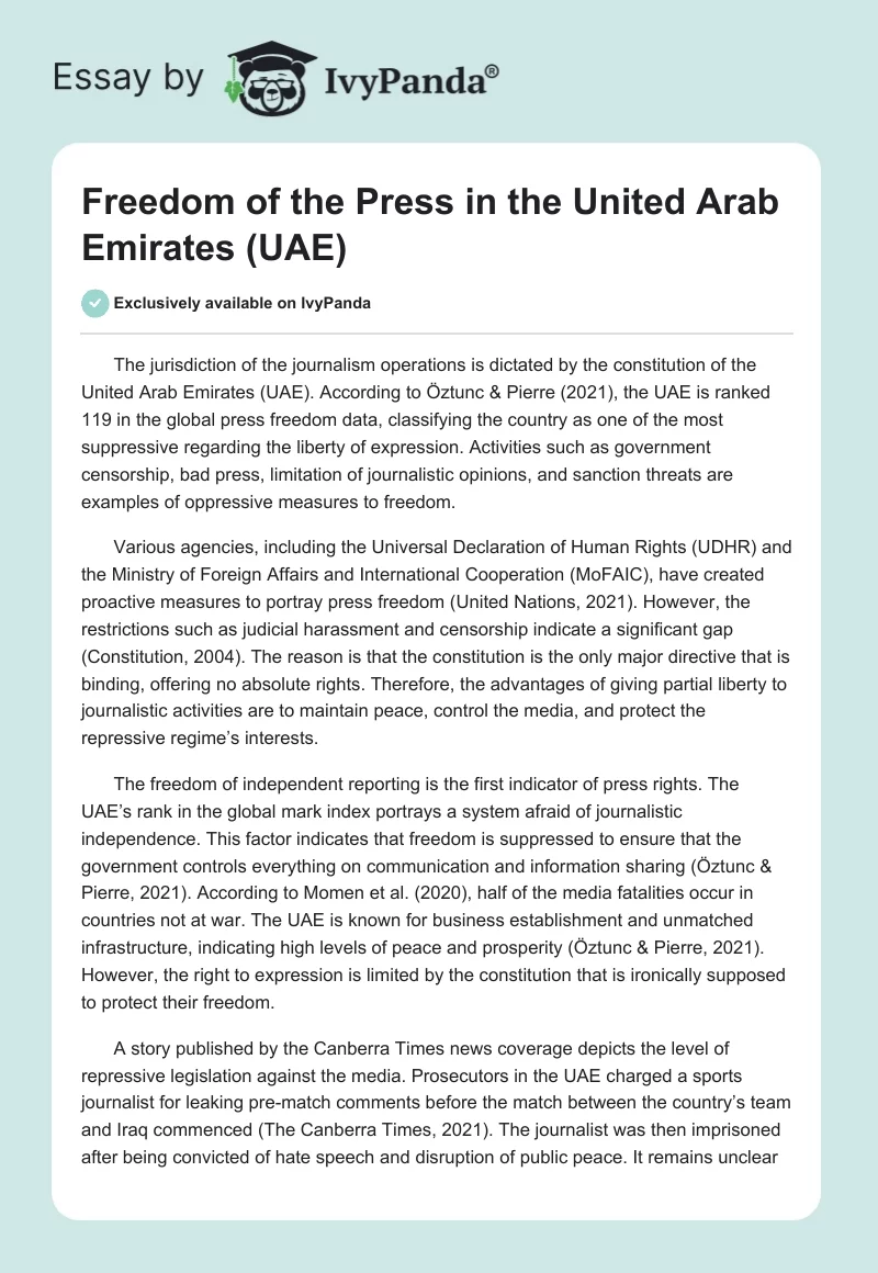 Freedom of the Press in the United Arab Emirates (UAE). Page 1