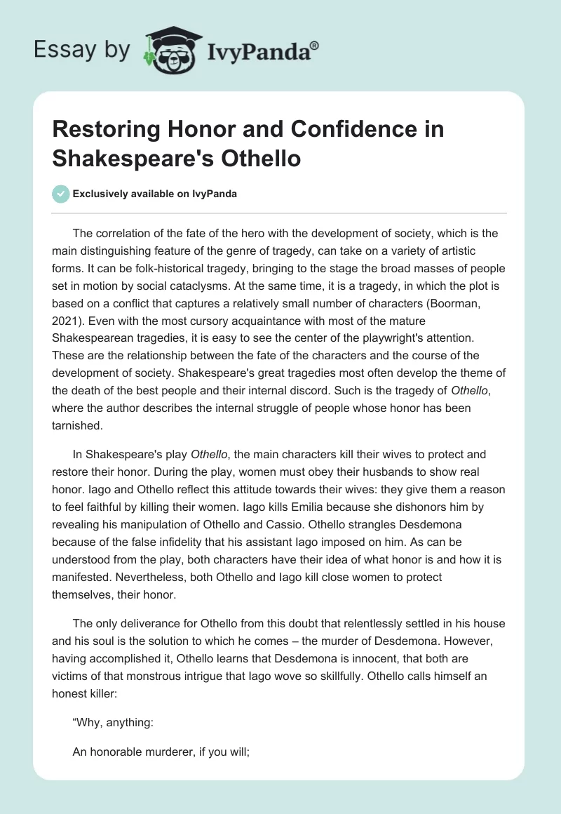 Restoring Honor and Confidence in Shakespeare's Othello. Page 1
