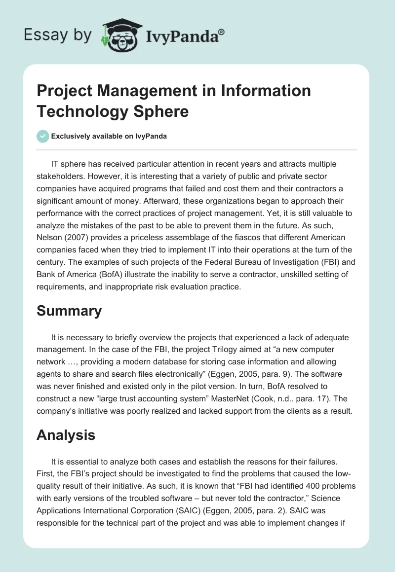 Project Management in Information Technology Sphere. Page 1