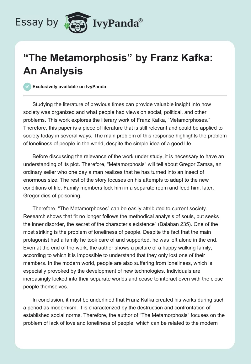 “The Metamorphosis” by Franz Kafka: An Analysis. Page 1