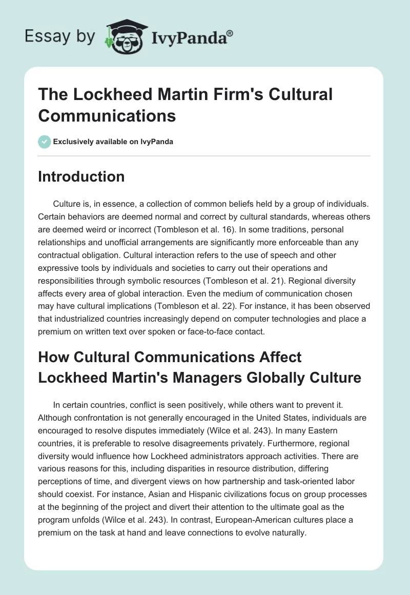 The Lockheed Martin Firm's Cultural Communications. Page 1