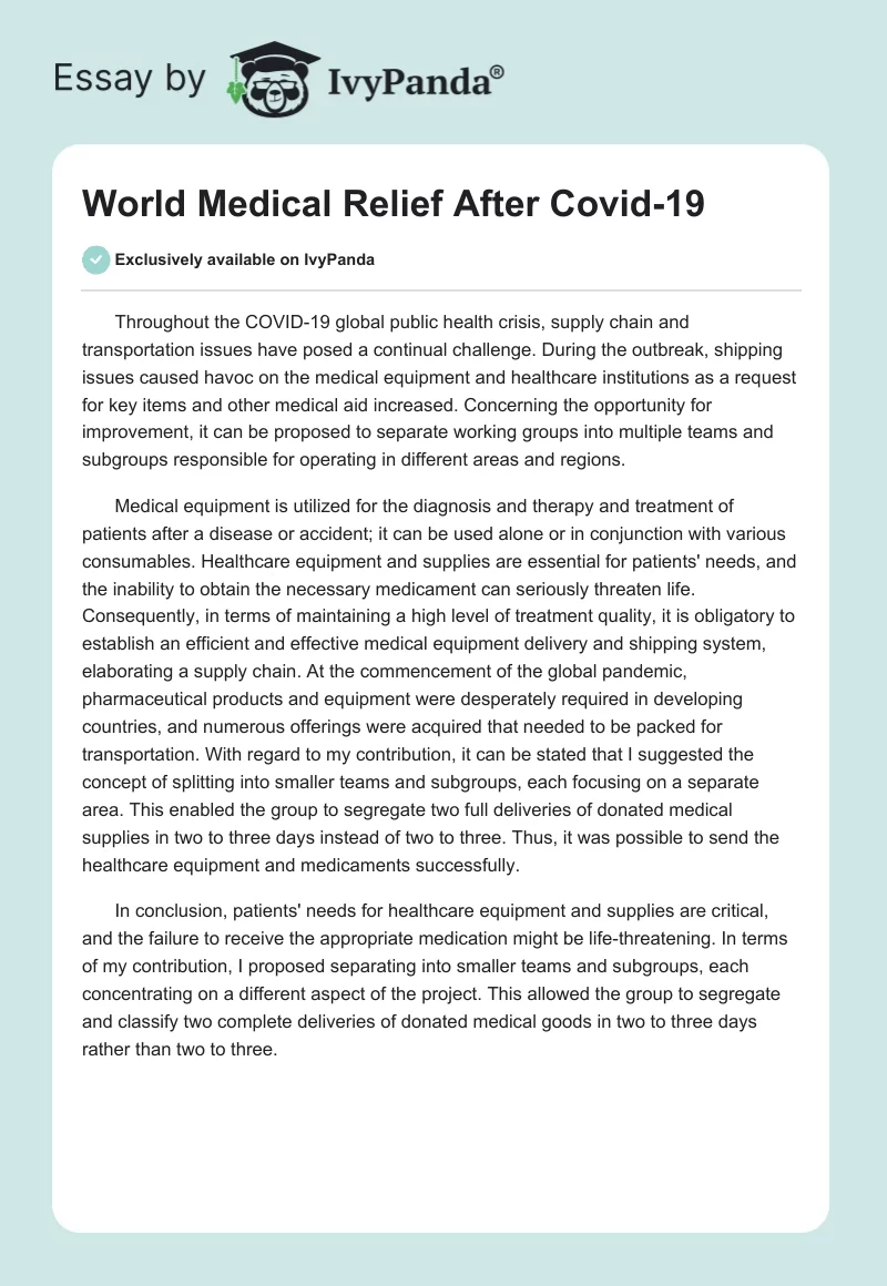 World Medical Relief After COVID-19. Page 1