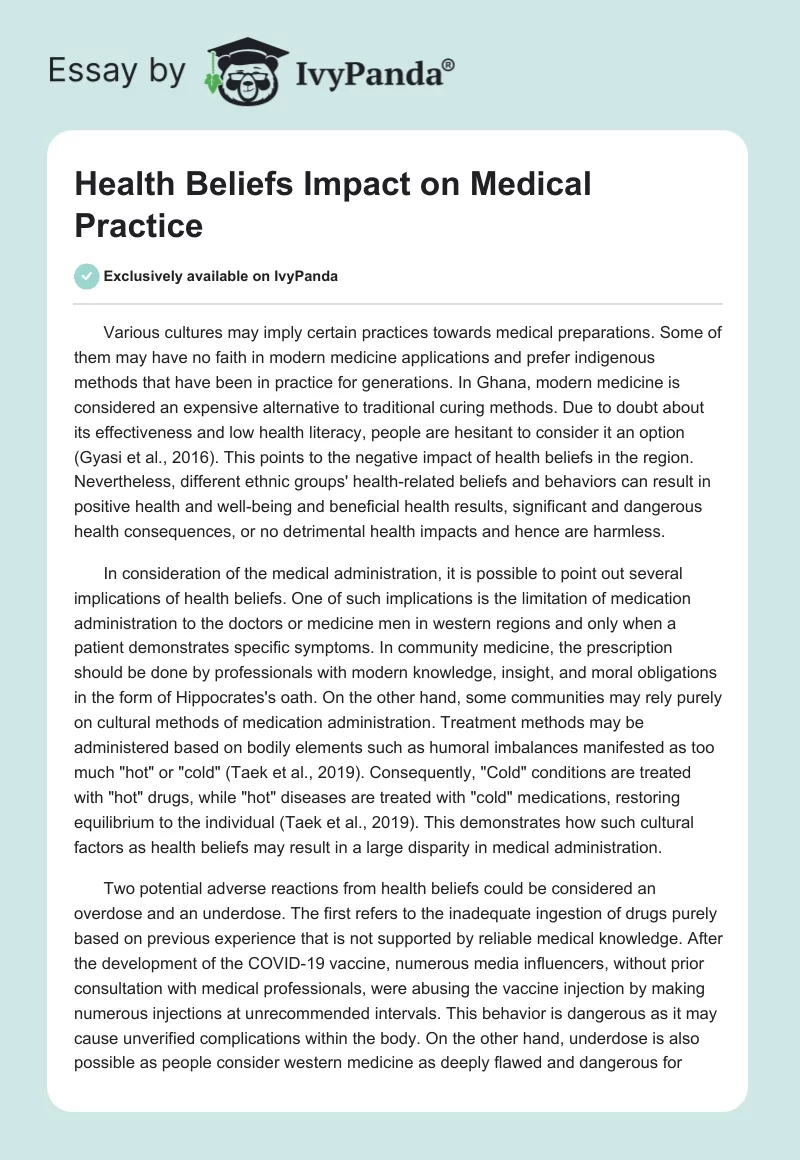 Health Beliefs Impact on Medical Practice. Page 1