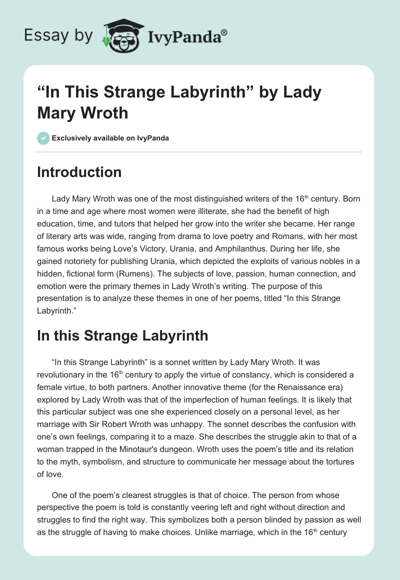 “In This Strange Labyrinth” by Lady Mary Wroth. Page 1