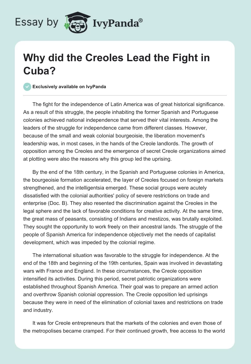 Why did the Creoles Lead the Fight in Cuba?. Page 1