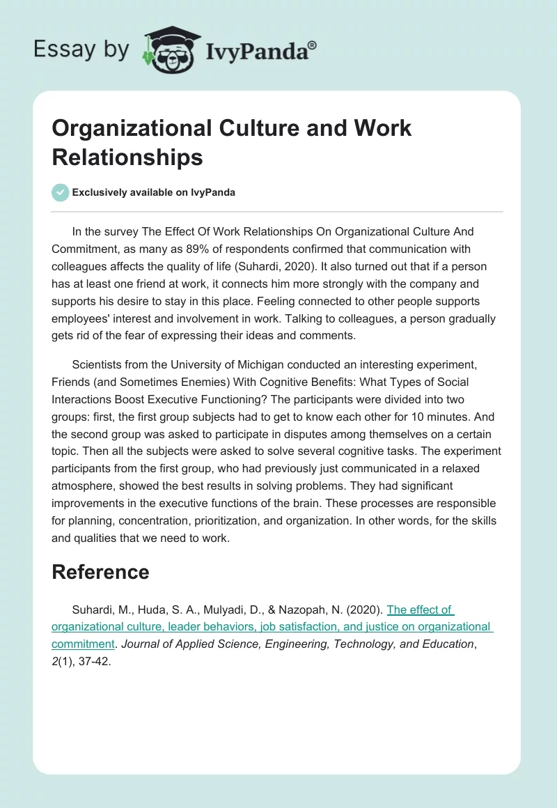 Organizational Culture and Work Relationships. Page 1