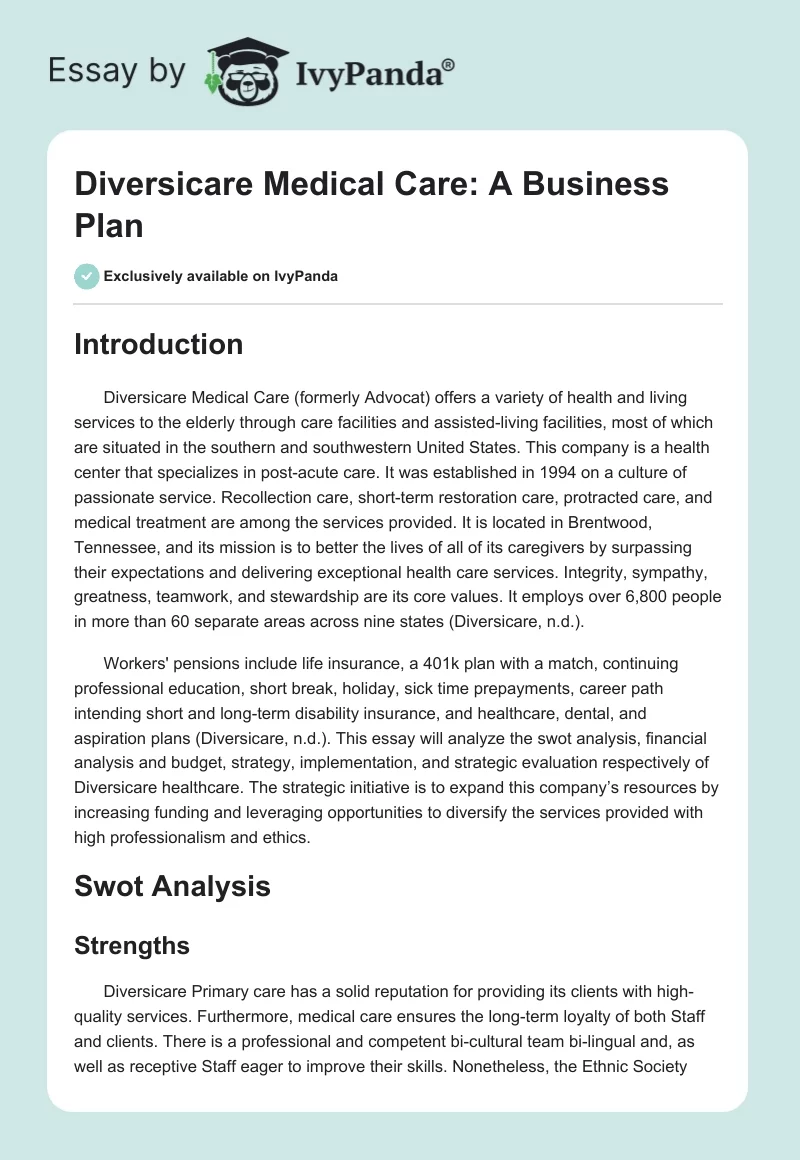 Diversicare Medical Care: A Business Plan. Page 1