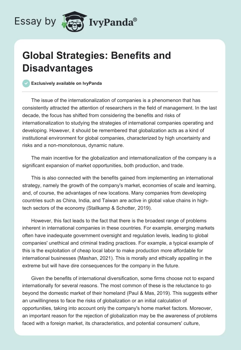 Global Strategies: Benefits and Disadvantages. Page 1