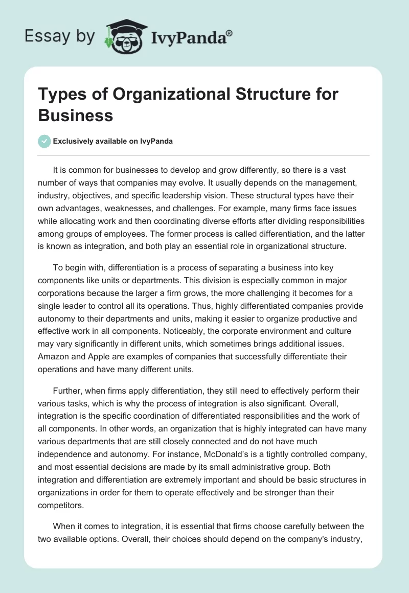 Types of Organizational Structure for Business. Page 1