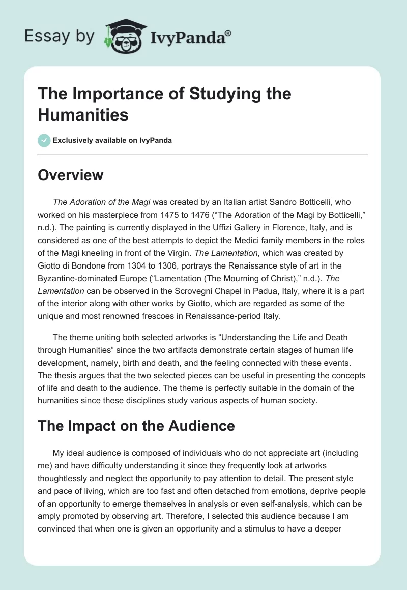 The Importance of Studying the Humanities. Page 1
