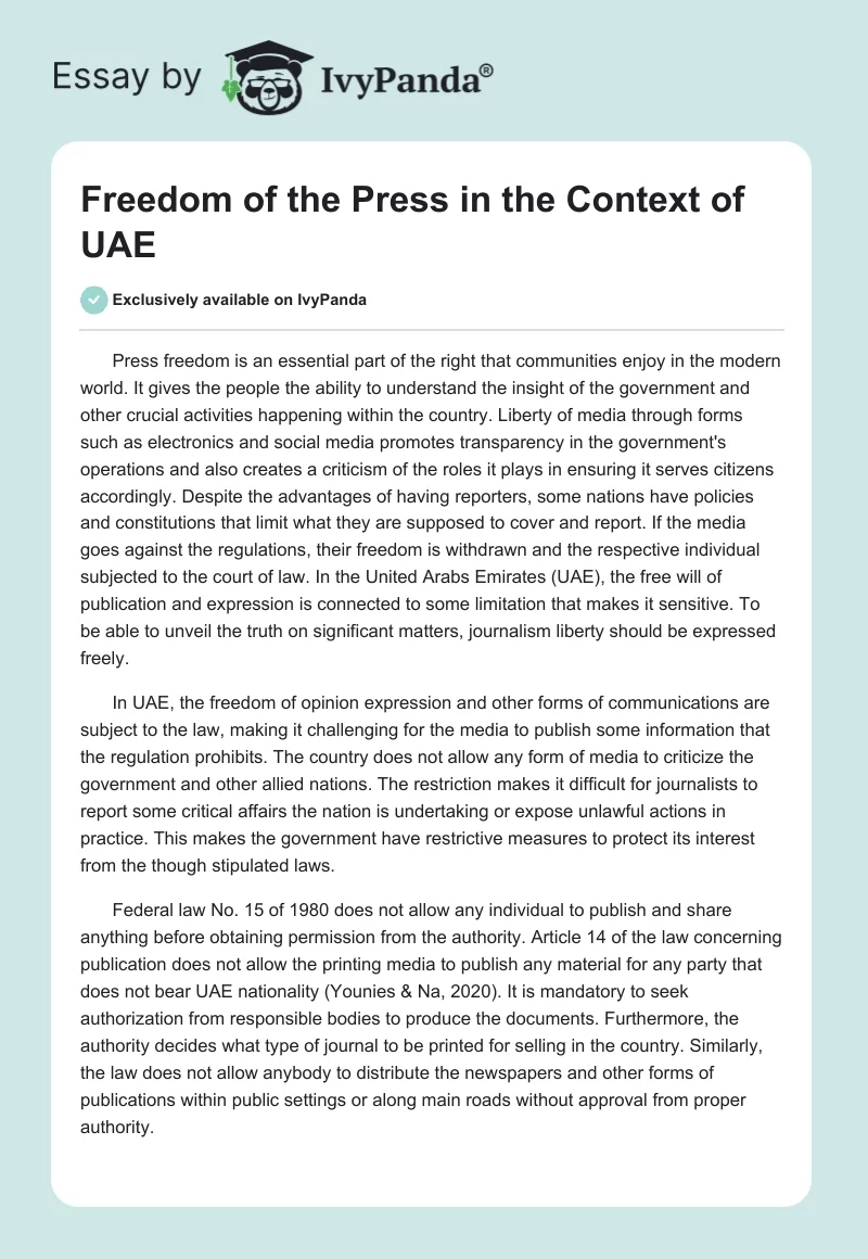 Freedom of the Press in the Context of UAE. Page 1