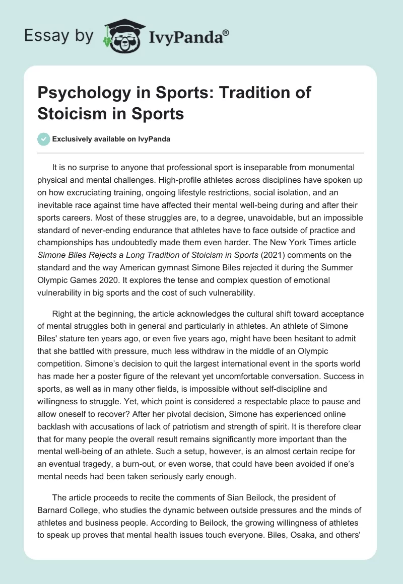 Psychology in Sports: Tradition of Stoicism in Sports. Page 1