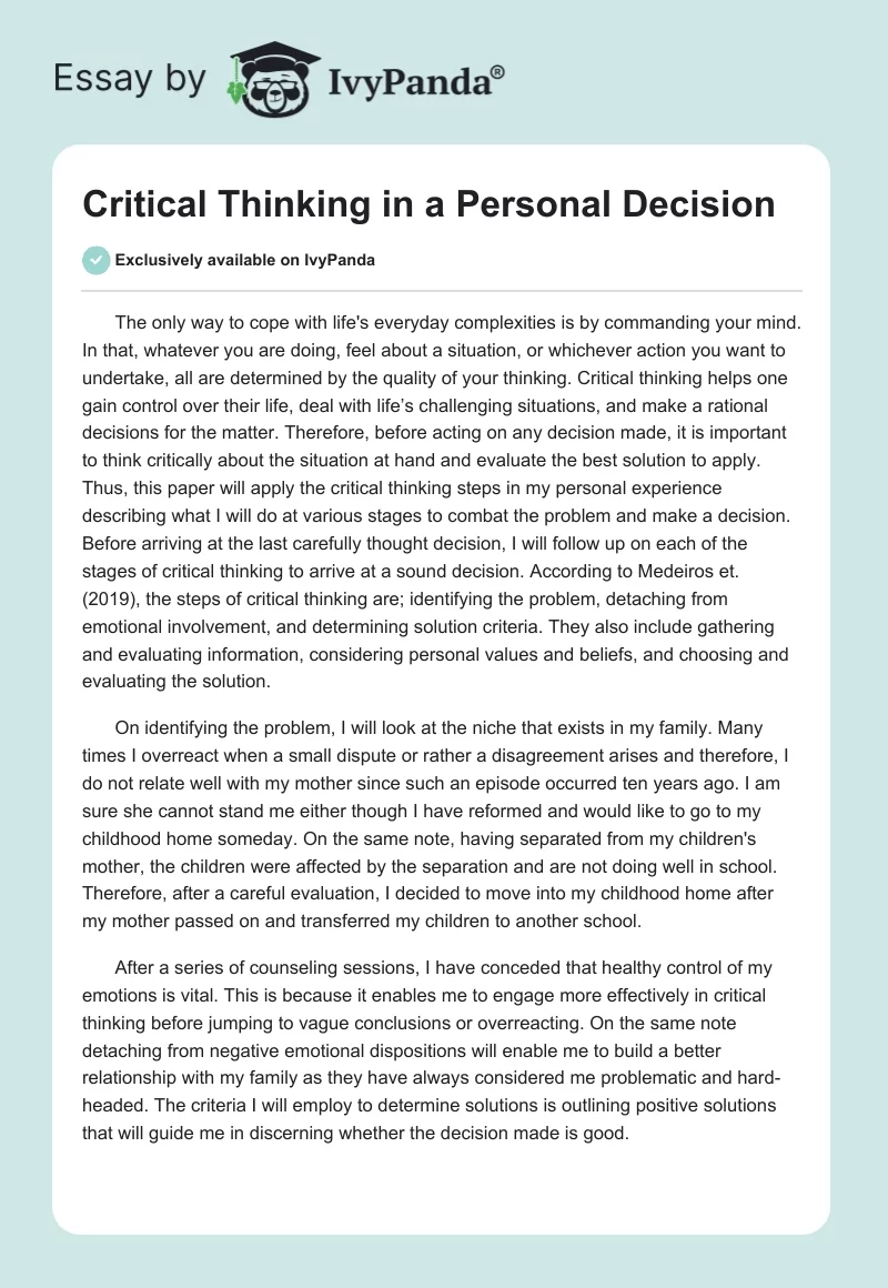 Critical Thinking in a Personal Decision. Page 1
