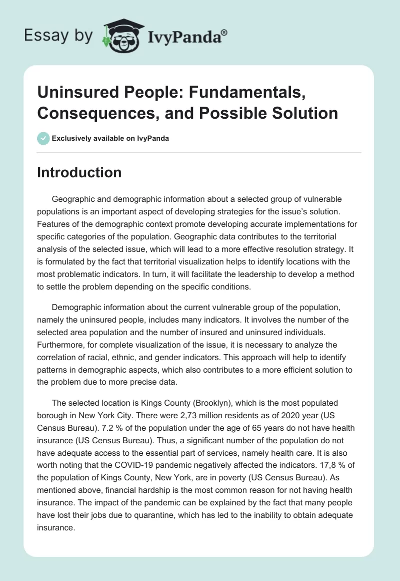Uninsured People: Fundamentals, Consequences, and Possible Solution. Page 1