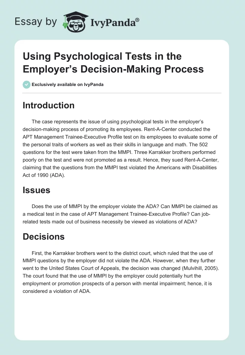 Using Psychological Tests in the Employer’s Decision-Making Process. Page 1