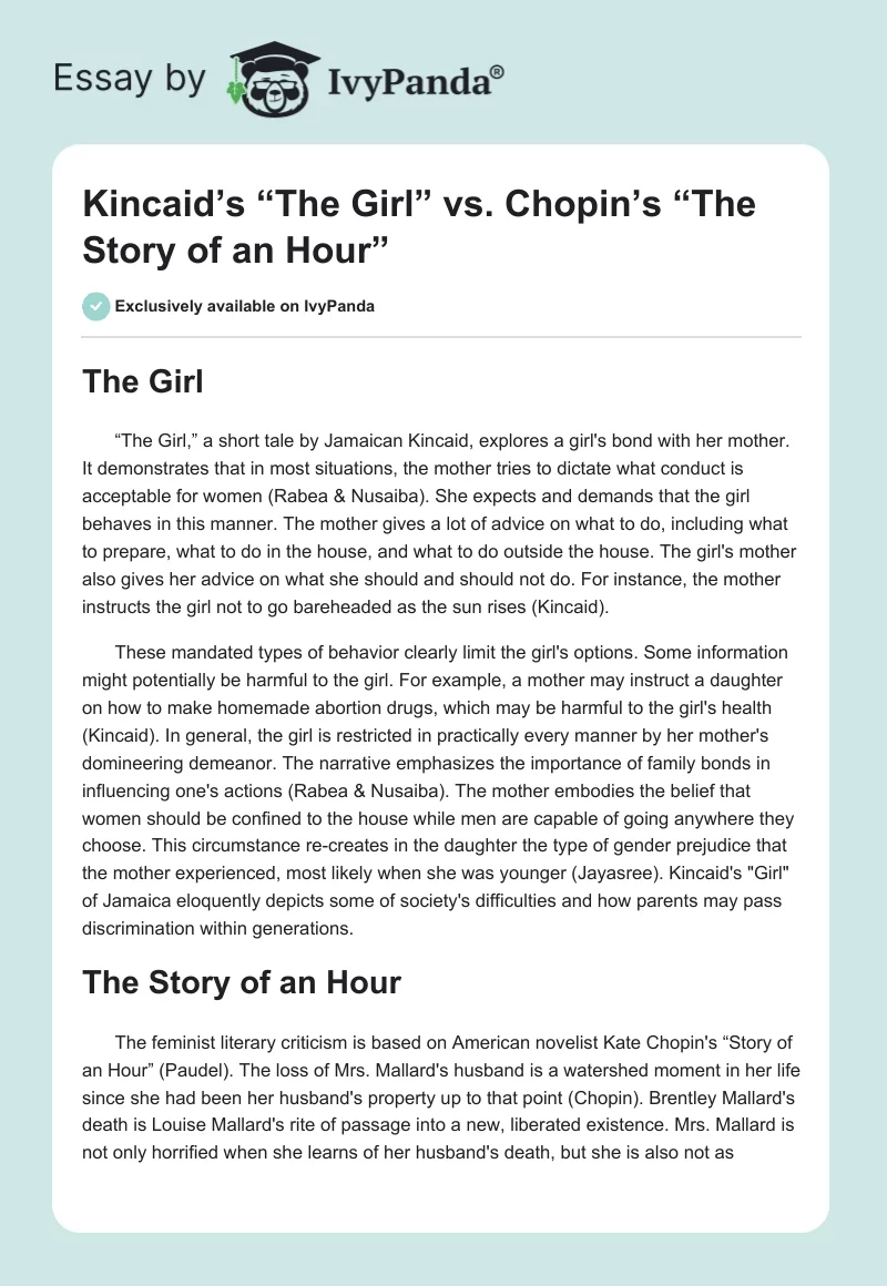 Kincaid’s “The Girl” vs. Chopin’s “The Story of an Hour”. Page 1