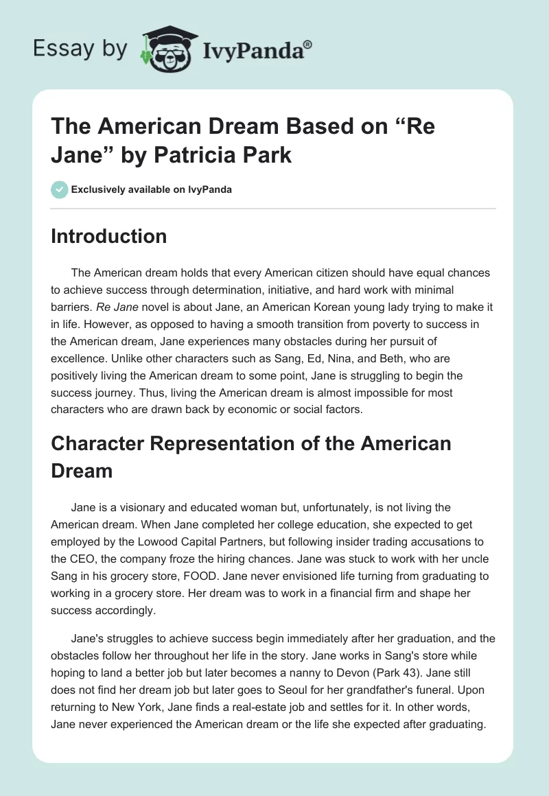 The American Dream Based on “Re Jane” by Patricia Park. Page 1