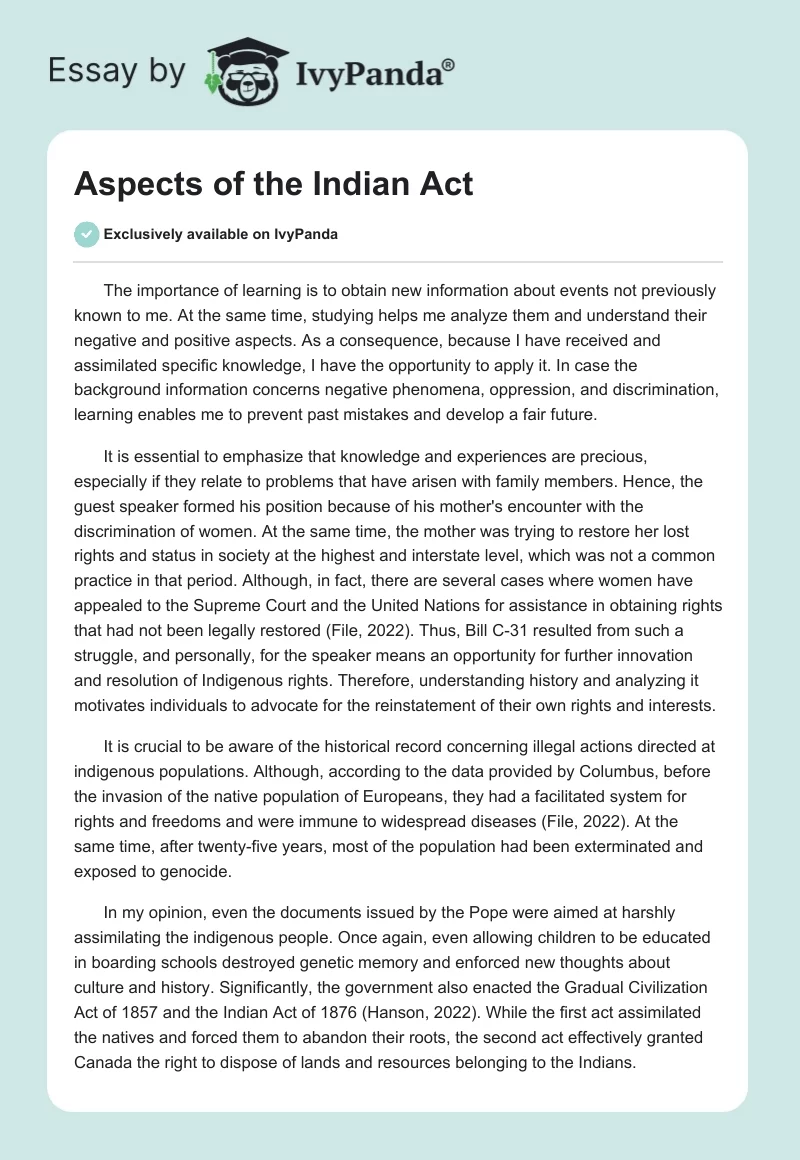 Aspects of the Indian Act. Page 1