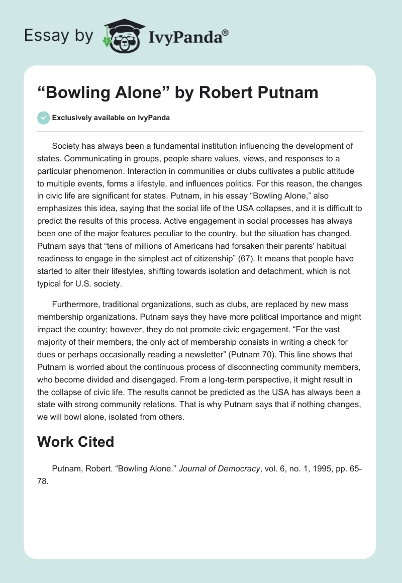 “Bowling Alone” by Robert Putnam. Page 1