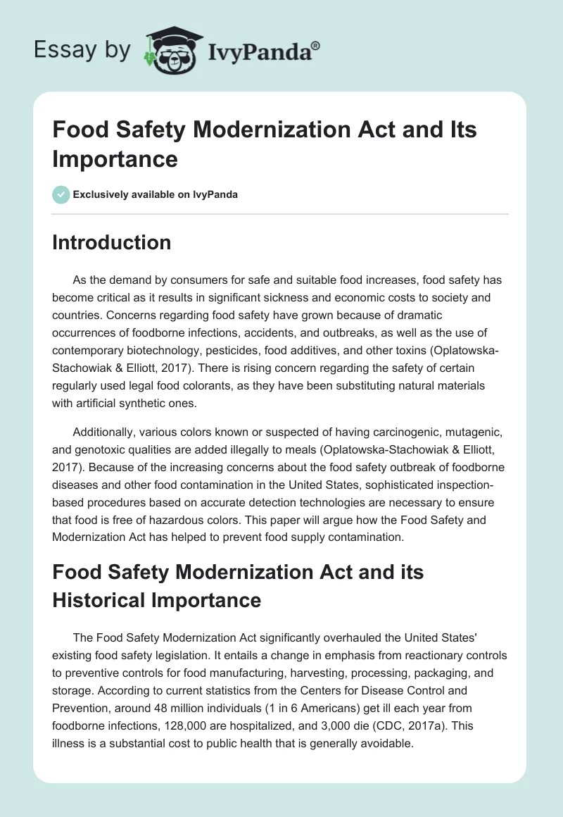 Food Safety Modernization Act and Its Importance. Page 1