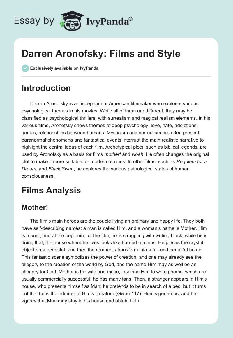 Darren Aronofsky: Films and Style. Page 1