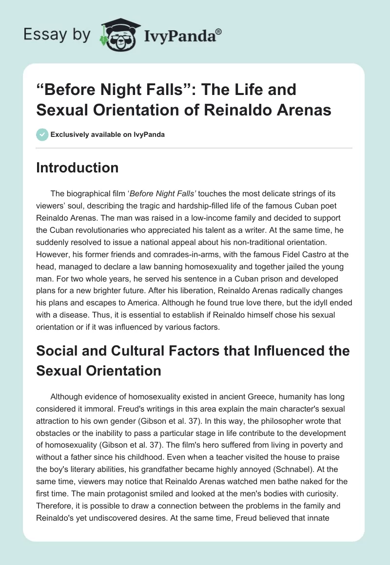 “Before Night Falls”: The Life and Sexual Orientation of Reinaldo Arenas. Page 1