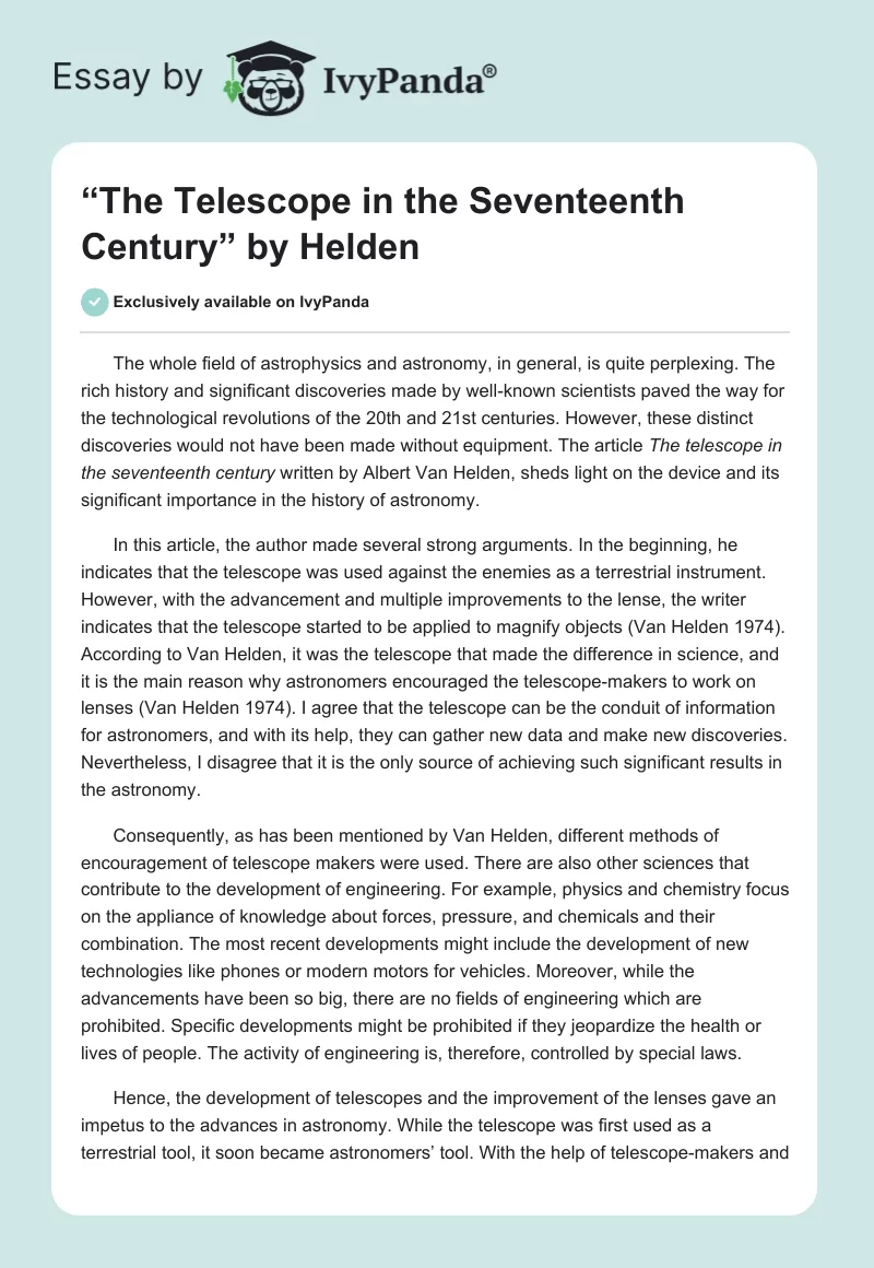 “The Telescope in the Seventeenth Century” by Helden. Page 1