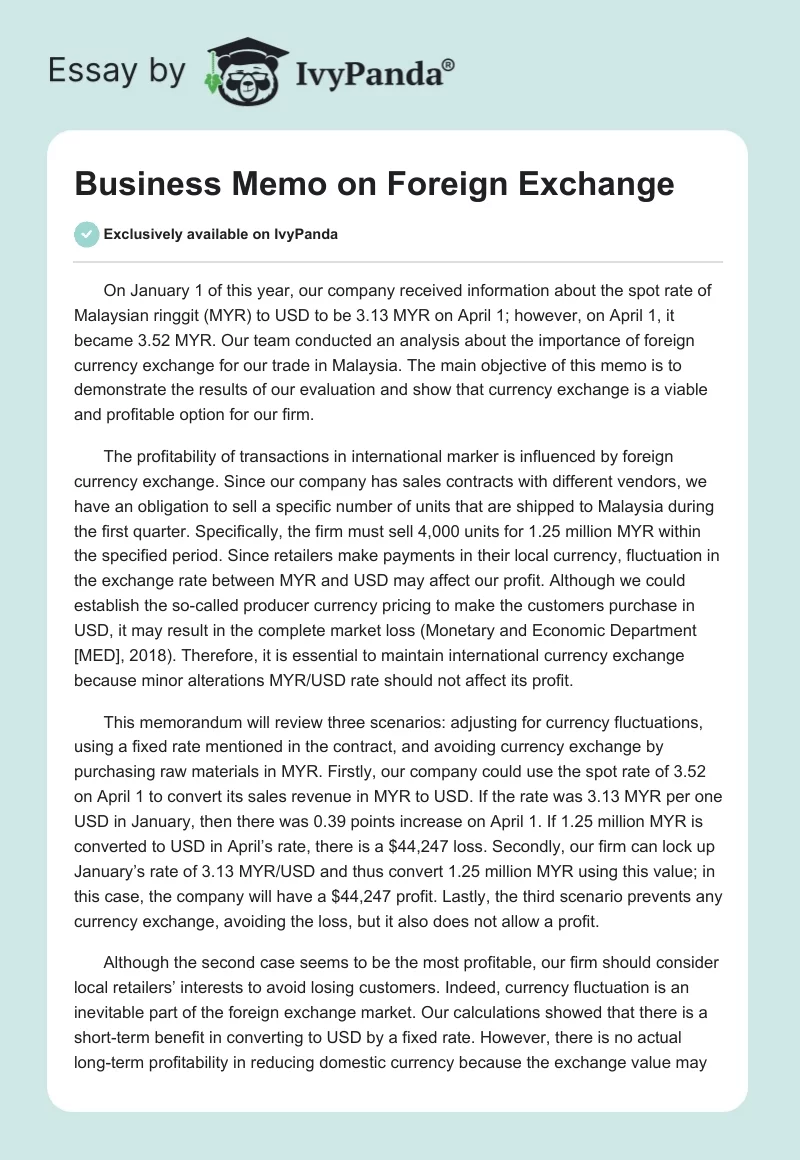 Business Memo on Foreign Exchange. Page 1