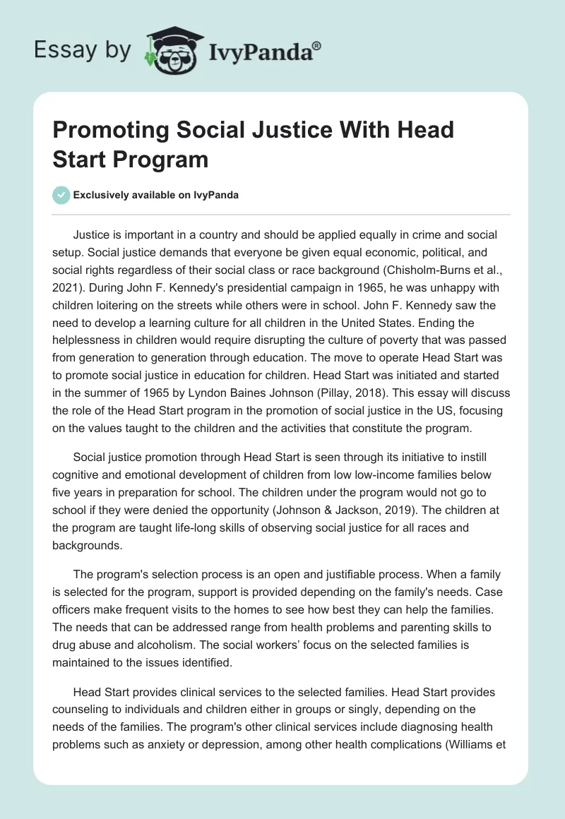 Promoting Social Justice With Head Start Program. Page 1