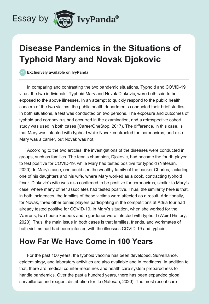 Disease Pandemics in the Situations of Typhoid Mary and Novak Djokovic. Page 1