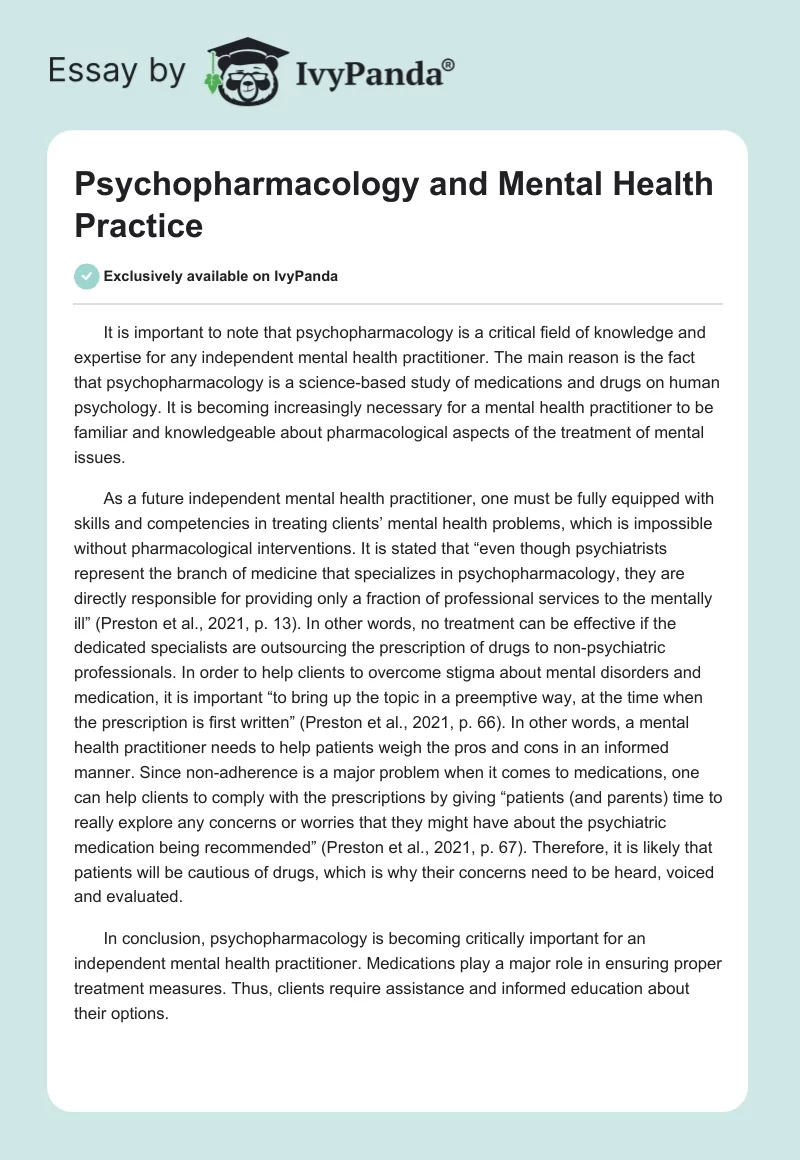 Psychopharmacology and Mental Health Practice. Page 1