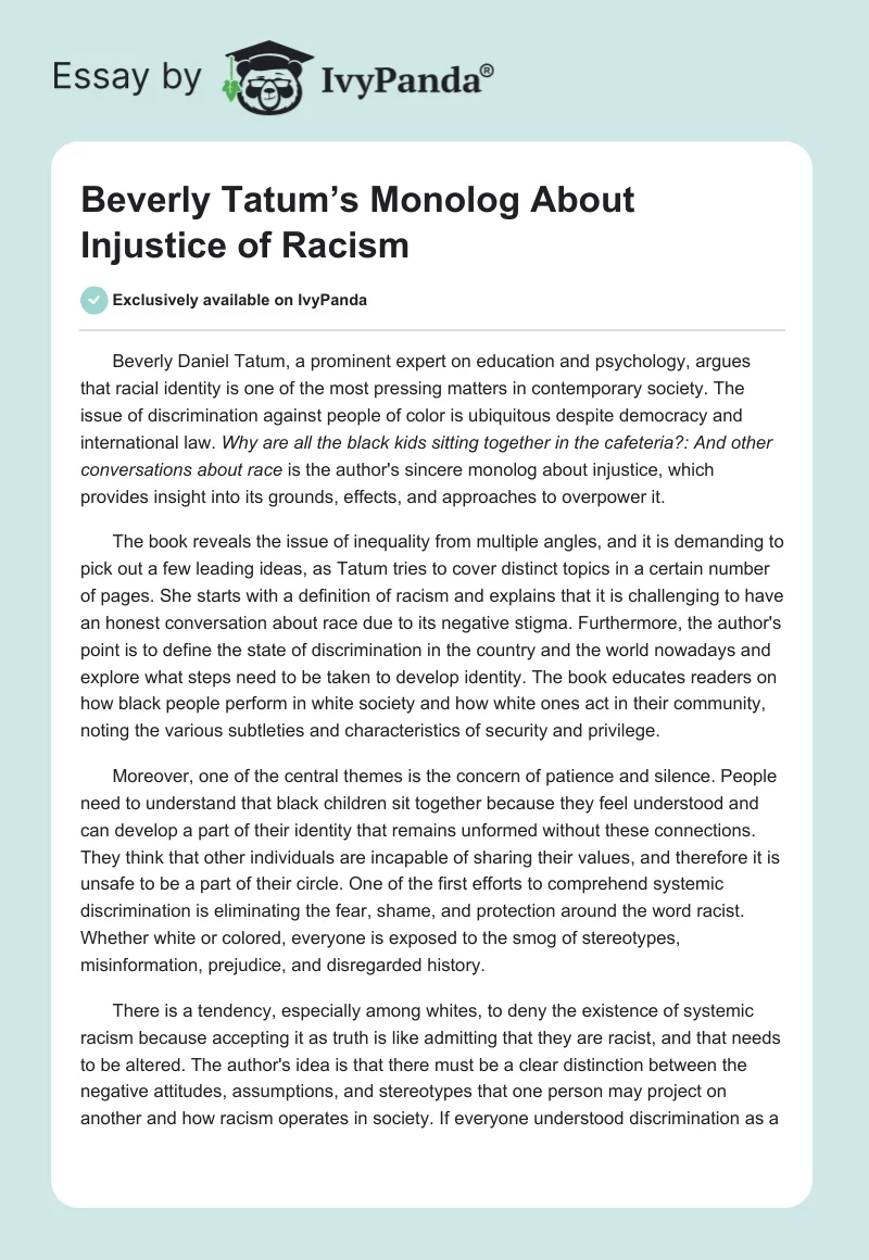 Beverly Tatum’s Monolog About Injustice of Racism. Page 1