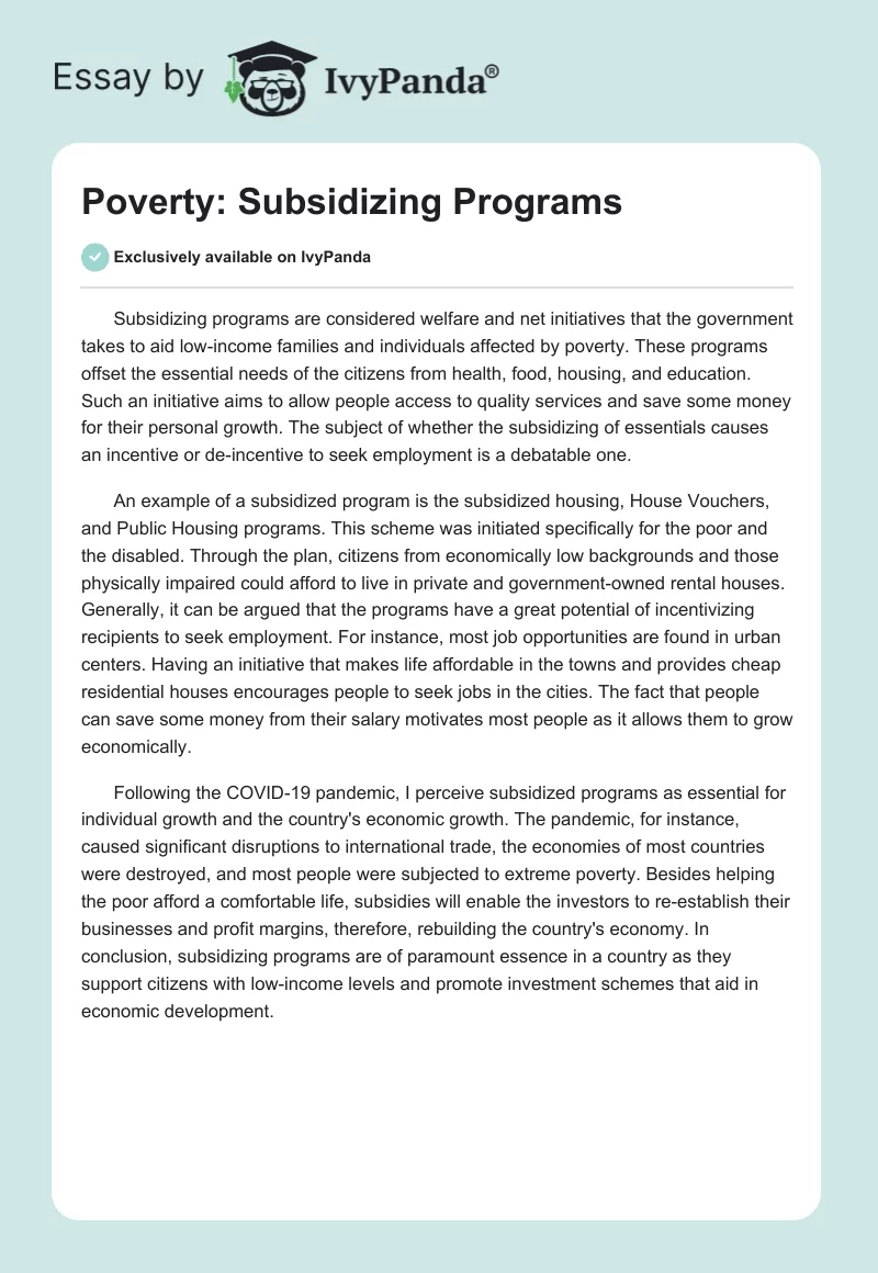 Poverty: Subsidizing Programs. Page 1