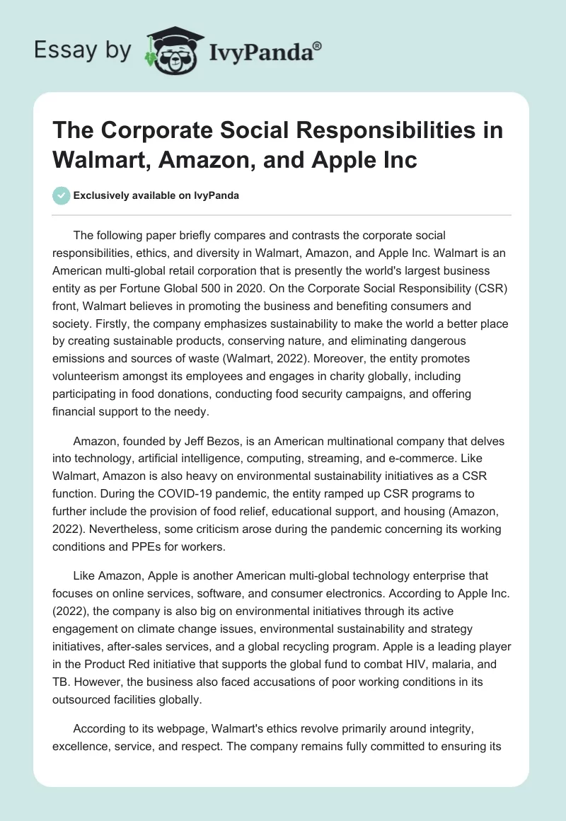 The Corporate Social Responsibilities in Walmart, Amazon, and Apple Inc.. Page 1