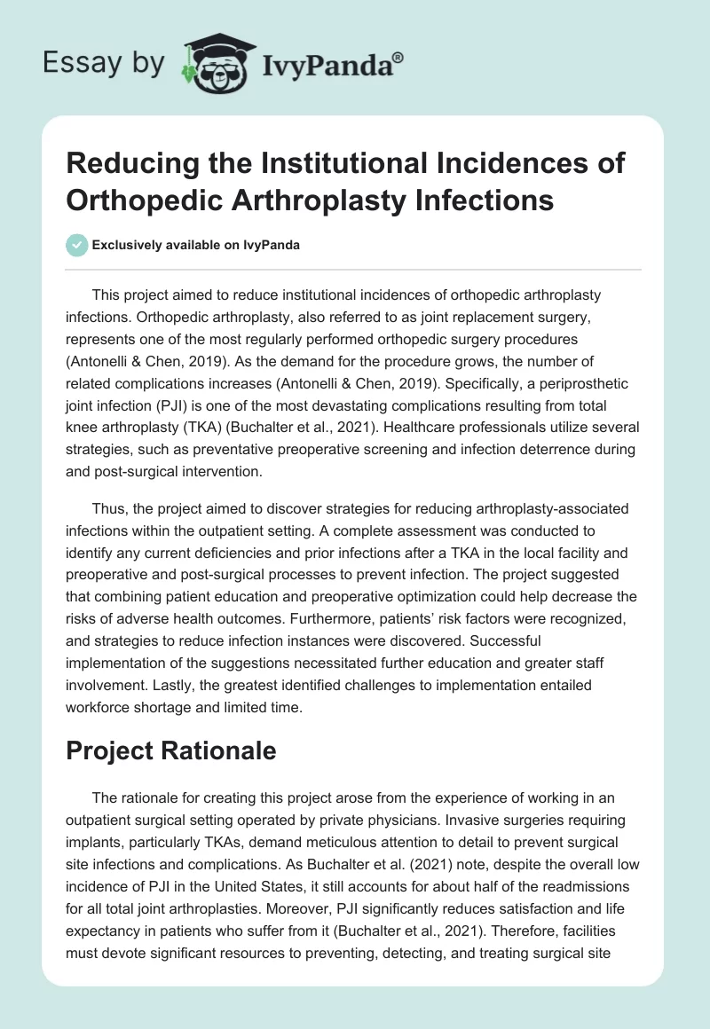 Reducing the Institutional Incidences of Orthopedic Arthroplasty Infections. Page 1