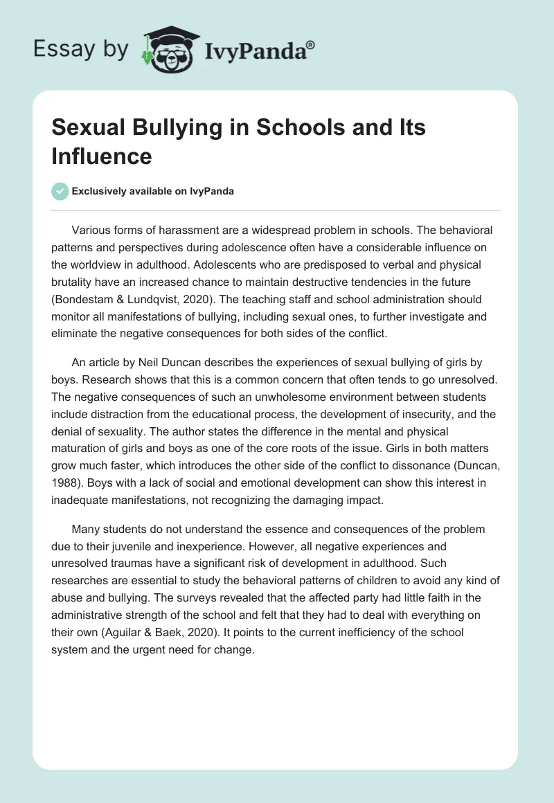 Sexual Bullying in Schools and Its Influence. Page 1