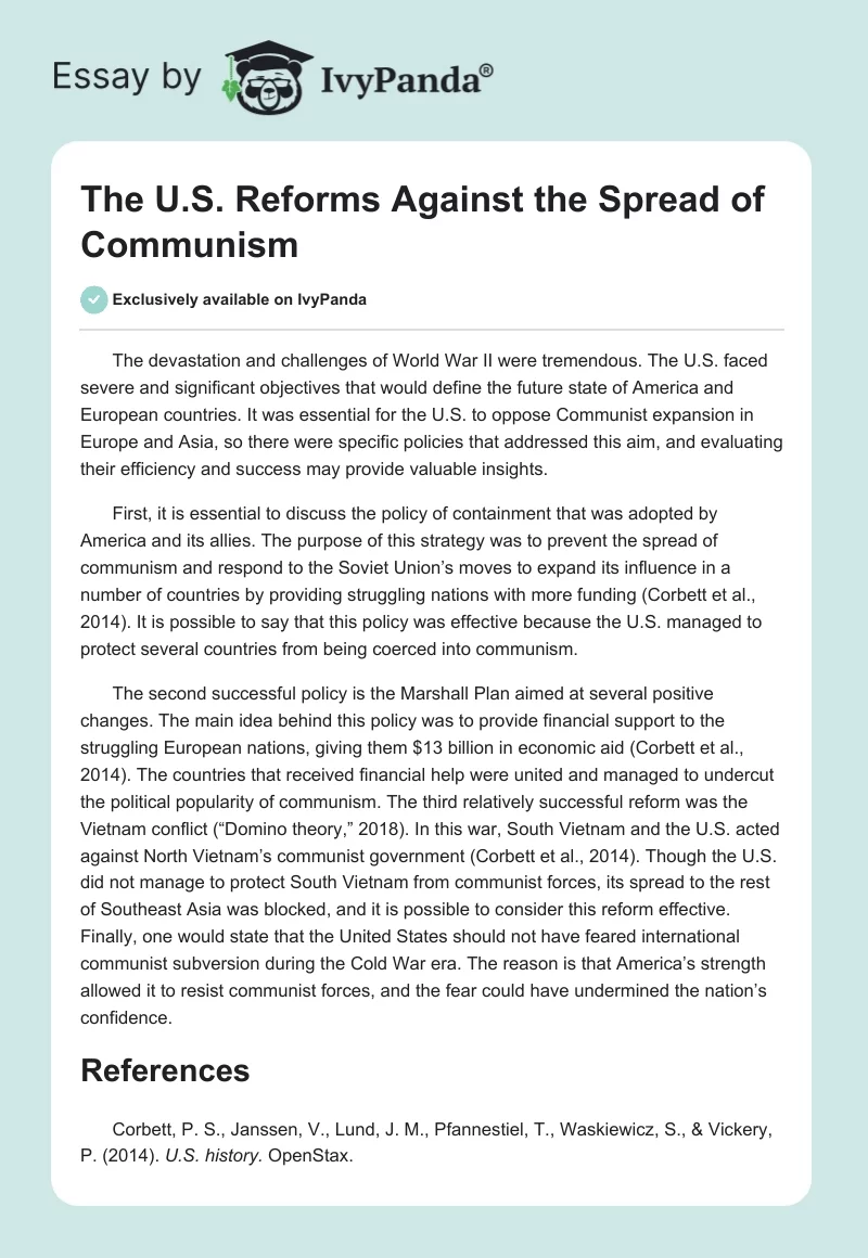 The U.S. Reforms Against the Spread of Communism. Page 1