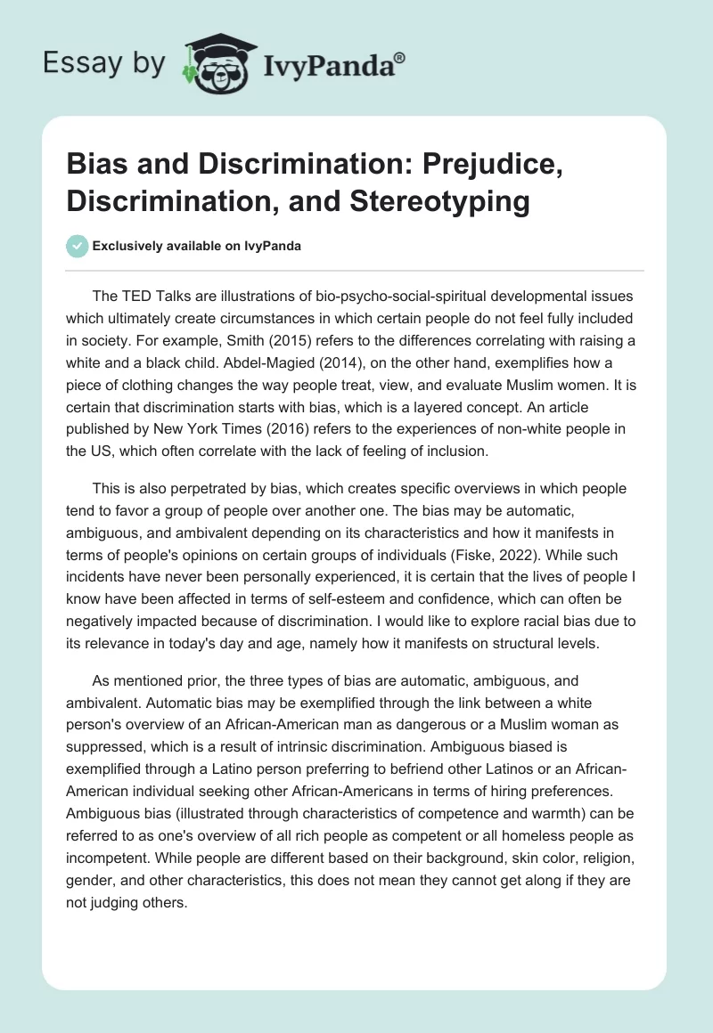Bias and Discrimination: Prejudice, Discrimination, and Stereotyping. Page 1