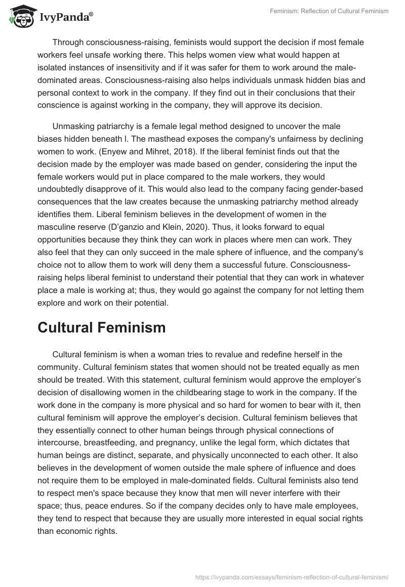 Feminism: Reflection of Cultural Feminism. Page 2