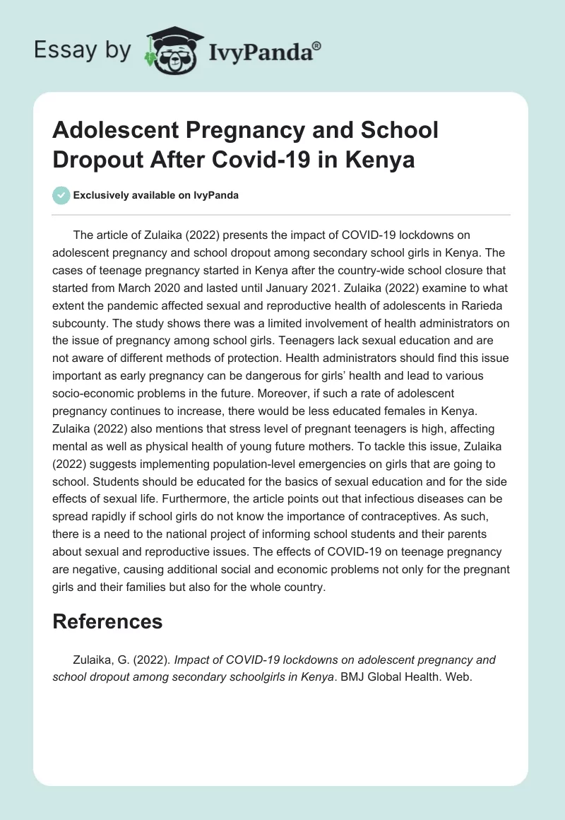 Adolescent Pregnancy and School Dropout After COVID-19 in Kenya. Page 1