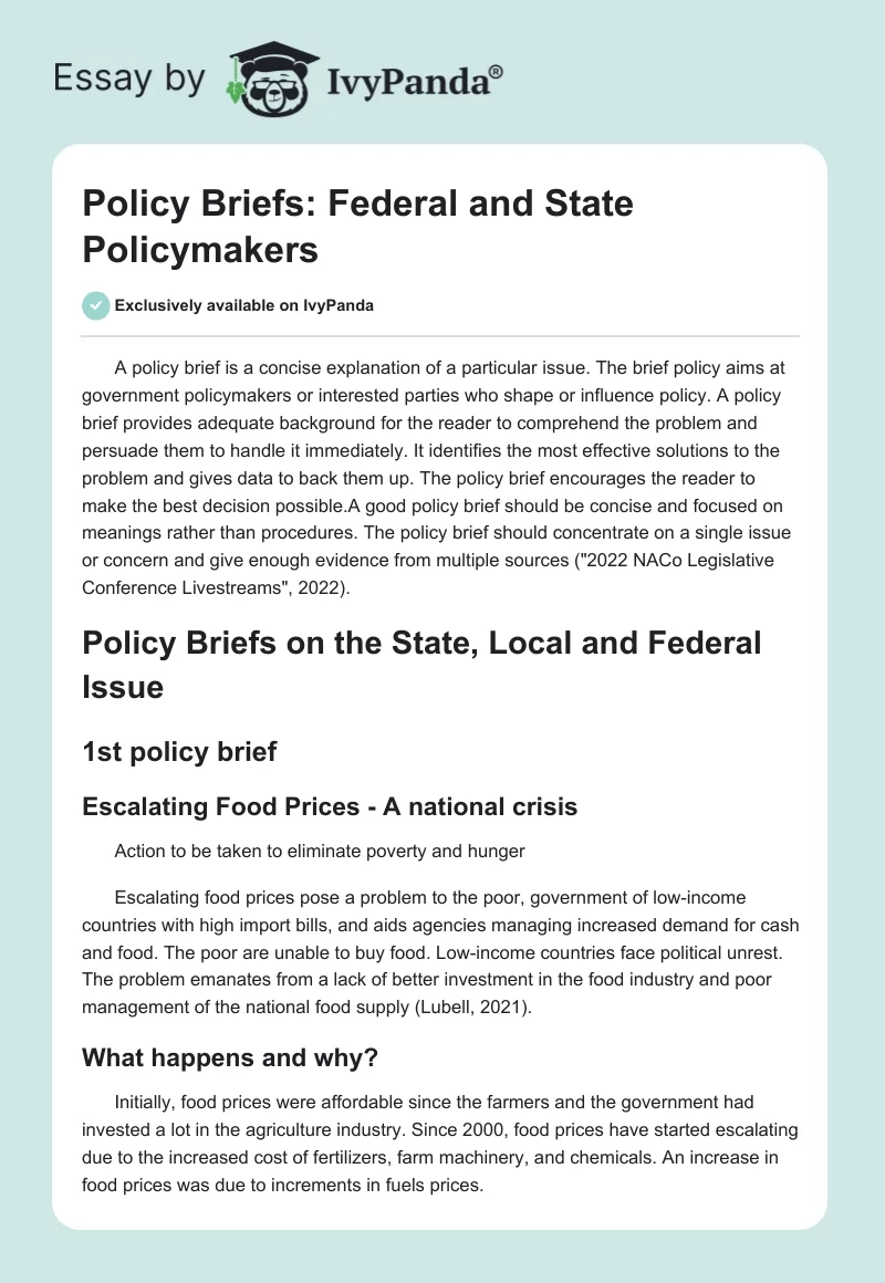 Policy Briefs: Federal and State Policymakers. Page 1