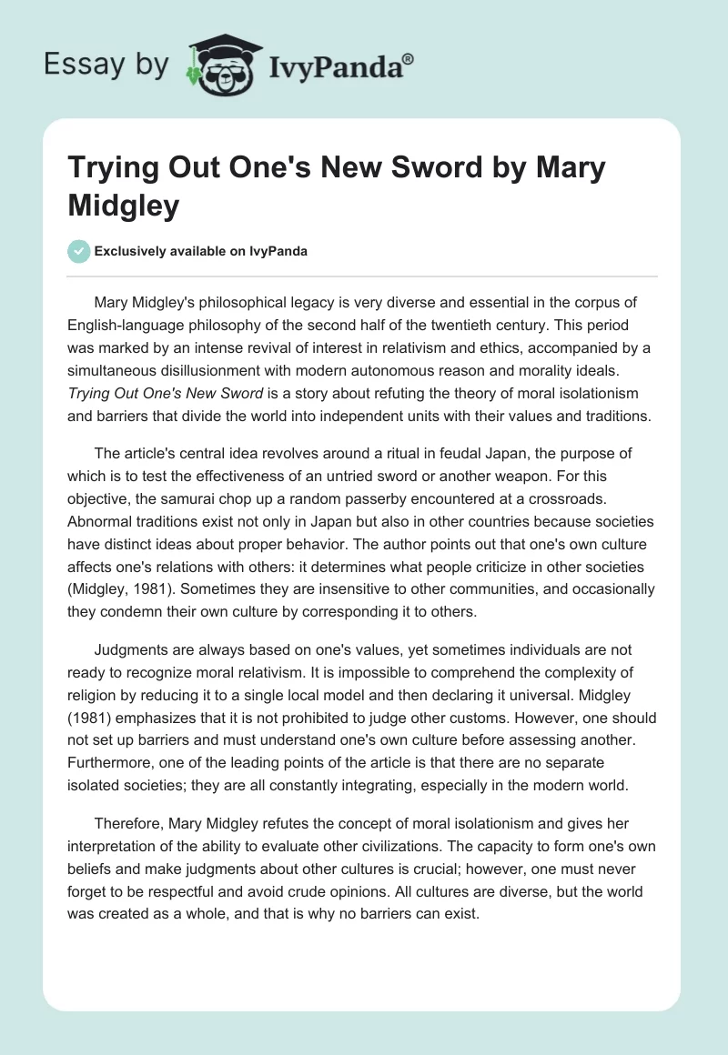 "Trying Out One's New Sword" by Mary Midgley. Page 1