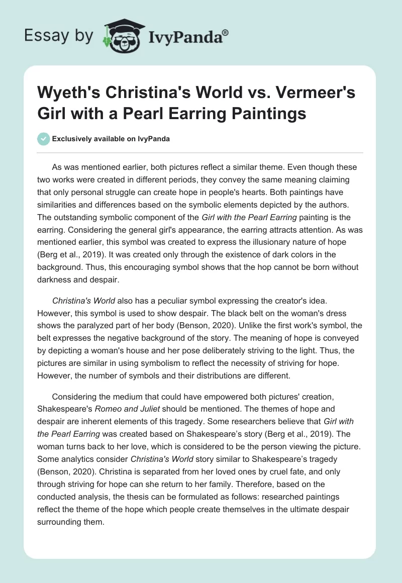 Wyeth's "Christina's World" vs. Vermeer's "Girl with a Pearl Earring" Paintings. Page 1