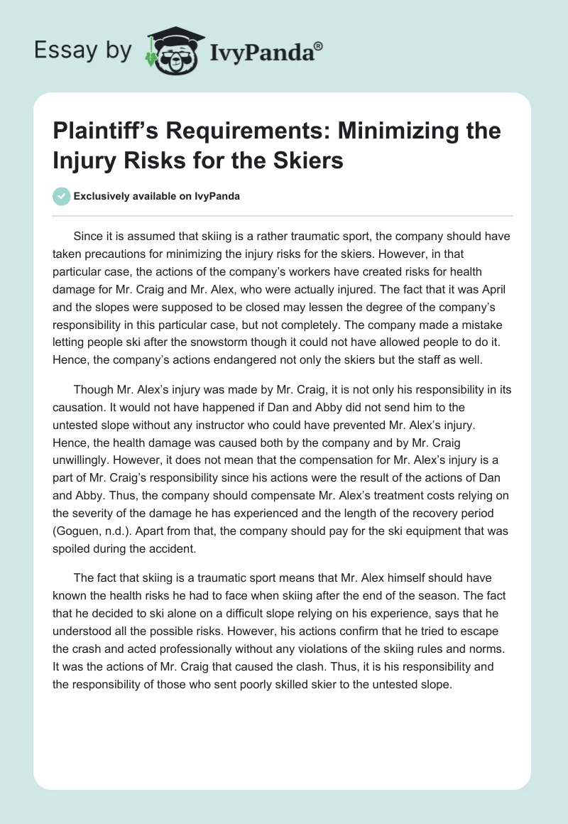 Plaintiff’s Requirements: Minimizing the Injury Risks for the Skiers. Page 1