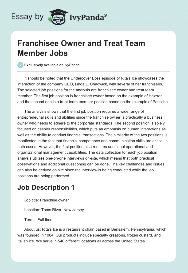 Franchisee Owner and Treat Team Member Jobs. Page 1