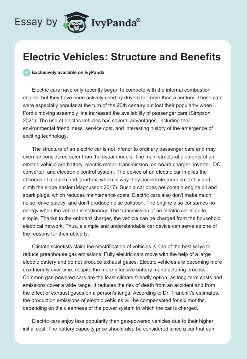 Electric Vehicles Structure and Benefits 558 Words Essay Example
