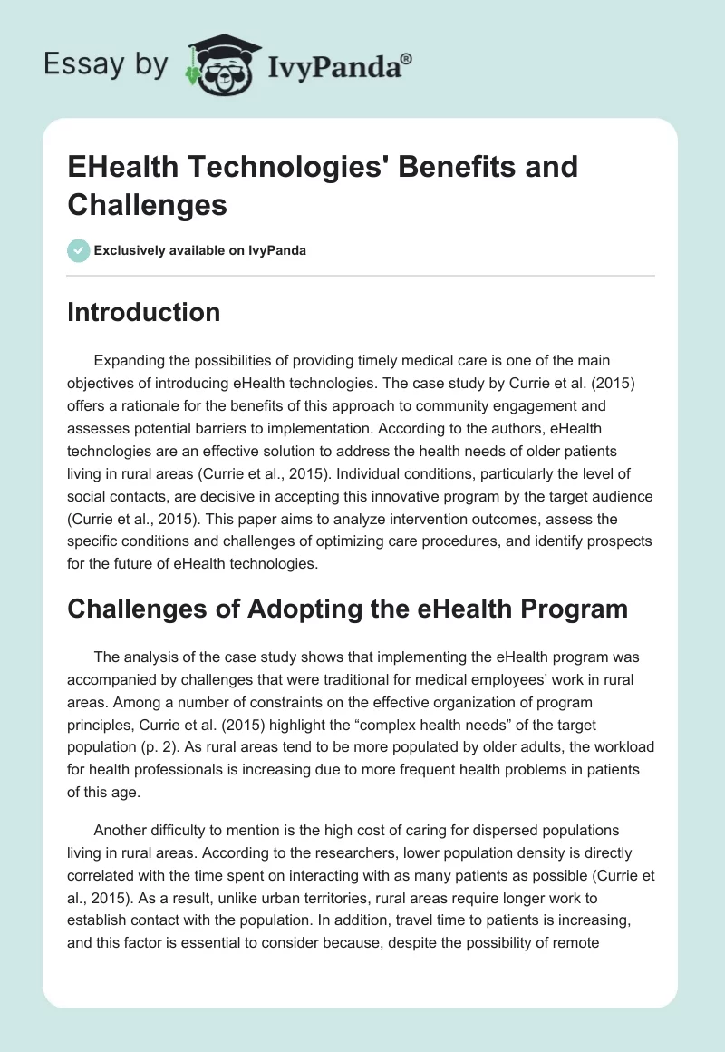 EHealth Technologies' Benefits and Challenges. Page 1