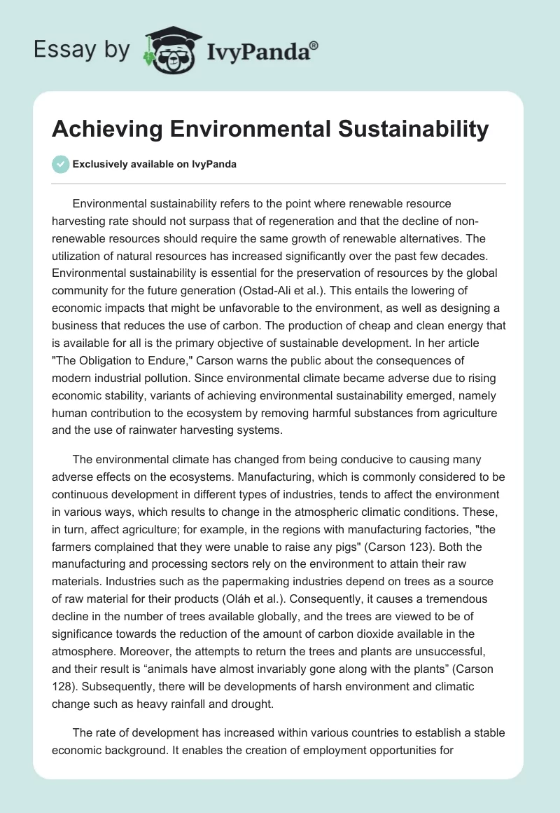 Achieving Environmental Sustainability - 948 Words | Essay Example