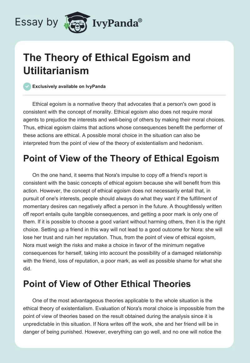 The Theory of Ethical Egoism and Utilitarianism. Page 1
